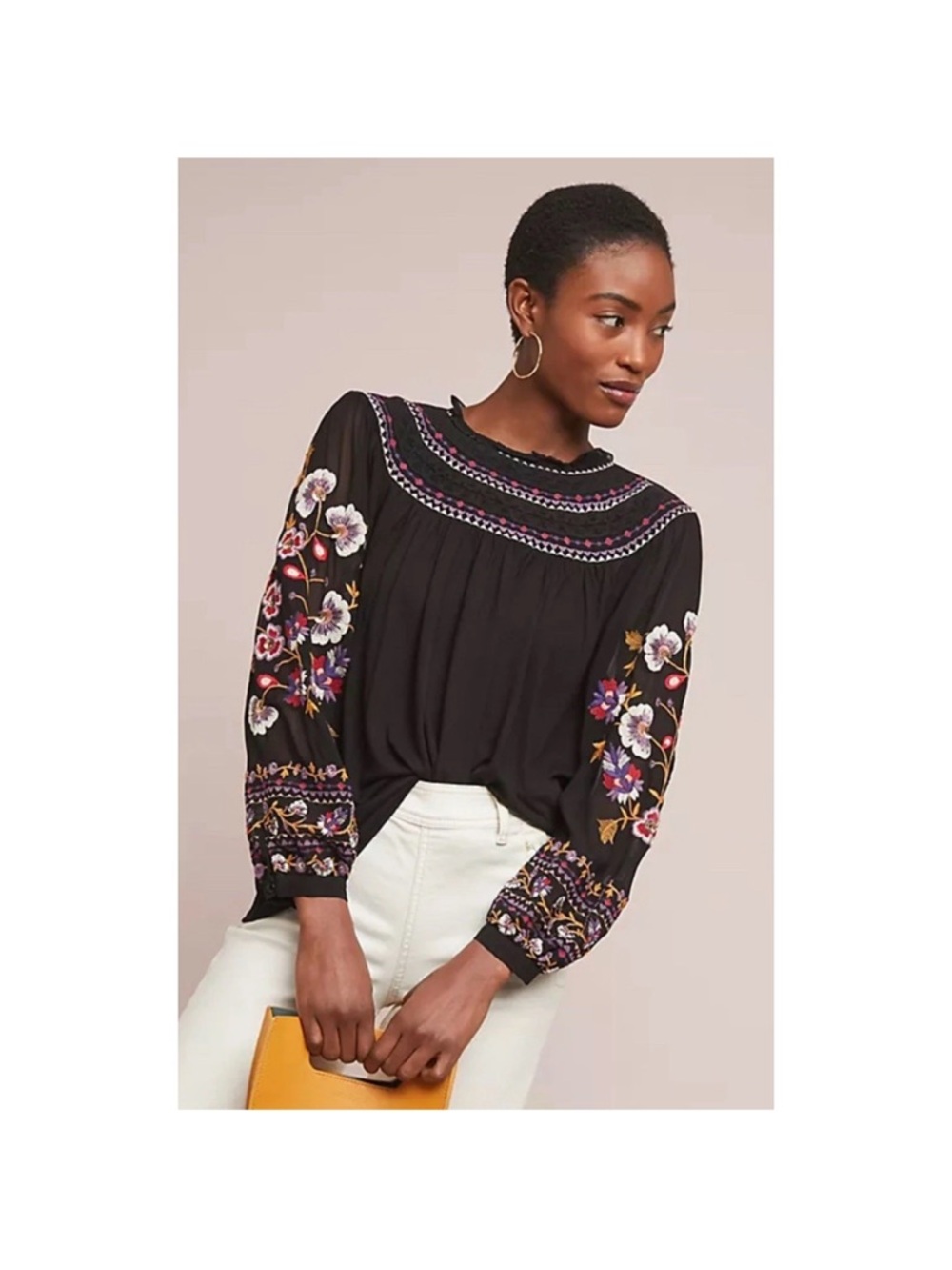 Anthropologie Akemi + Kin Louise Black Embroidered Floral Blouse Size Medium - Picture 9 of 10